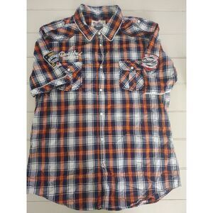 Decibel Mens 3XL Plaid Short Sleeve‎ Button Down Shirt Patches Navy Orange White
